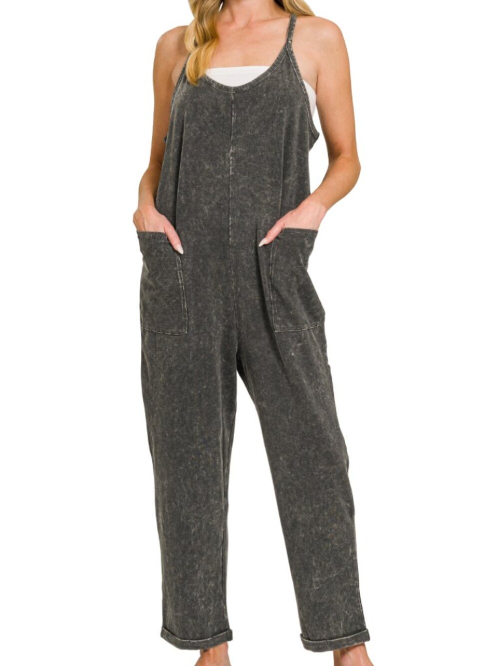 Washed Spaghetti Straps Overalls with Pockets - Ash Black